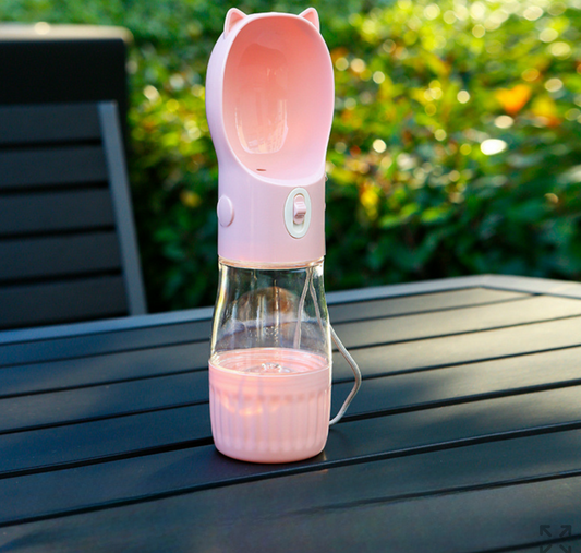 Portable Dog Water Bottle with Built-in Bowl Dispenser - 250ml Water,180ml Food Capacity,Leak-proof for Travel and Walks